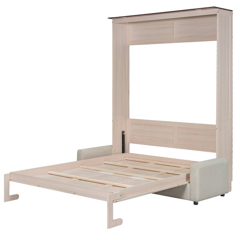 Queen Size Murphy Bed with Upholstered Sofa and Top LED, Beige, Space Saving Foldable Platform Bed Frame