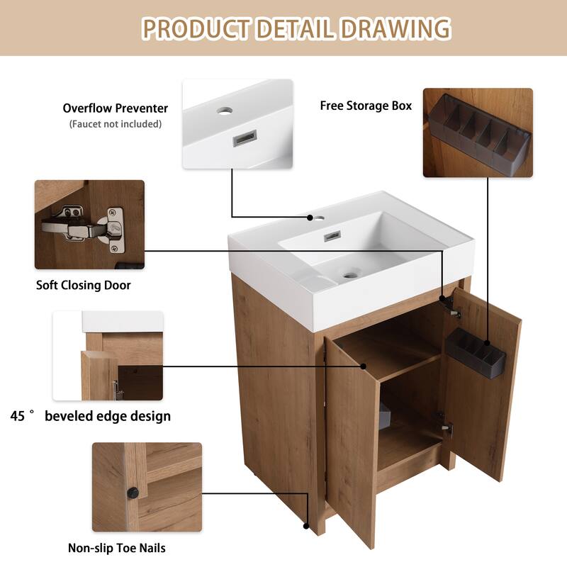 BNK 24/30/48/60 inch Freestanding Resin Sink Bathroom Vanity with Soft Close Door and Adjustable Shelf
