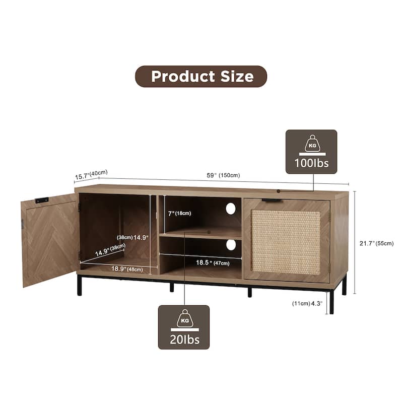 Anmytek 60" Mid-Century Herringbone TV Stand for TV Up to 65 Inches Rattan Console TV Table 59x15.7x21.7 inch