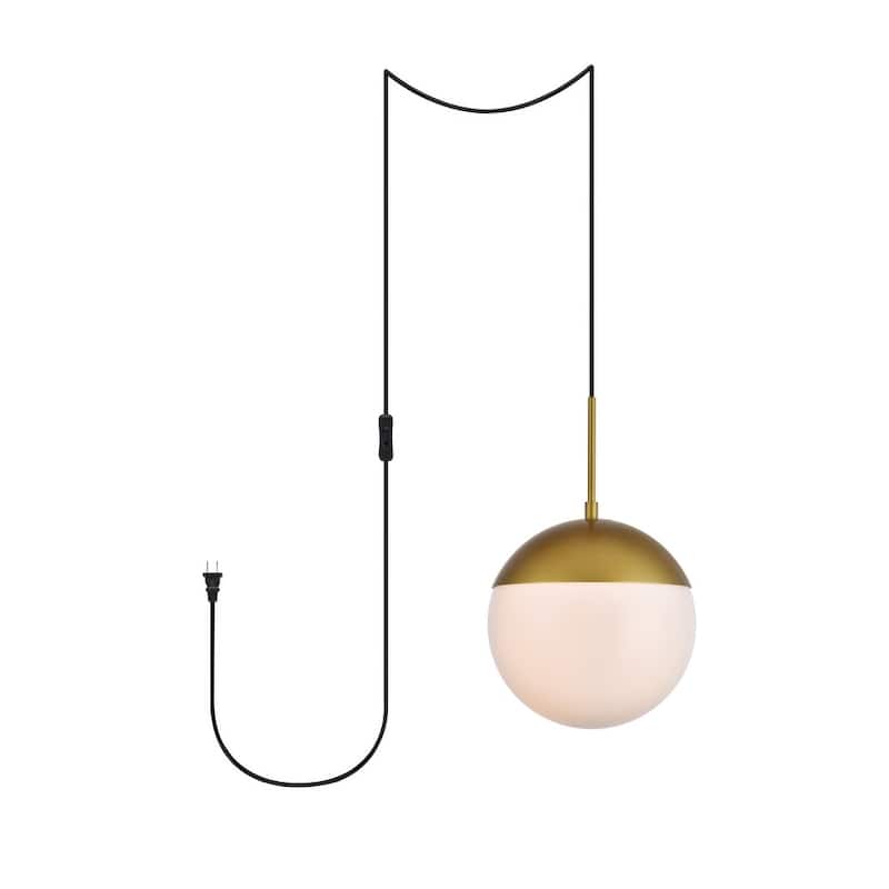 Elian 1-Light Plug in Pendant with Frosted White Shade - Brass - 10" Diameter - Brass and Frosted Shade