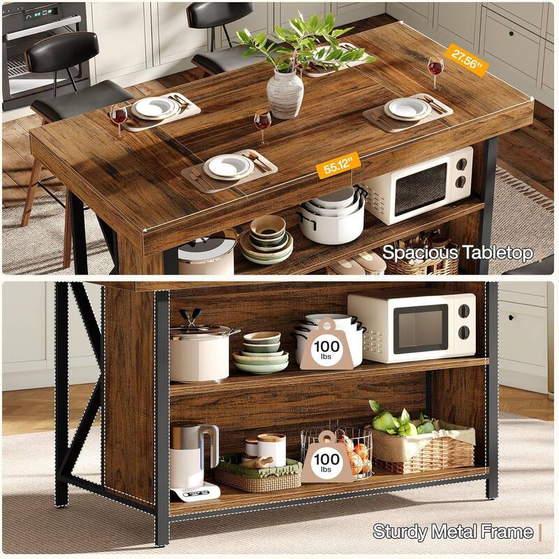 55-inch Large Kitchen Island with Storage, 3-Tier Industrial Bar Table for Kitchen, Dining Room, Brown