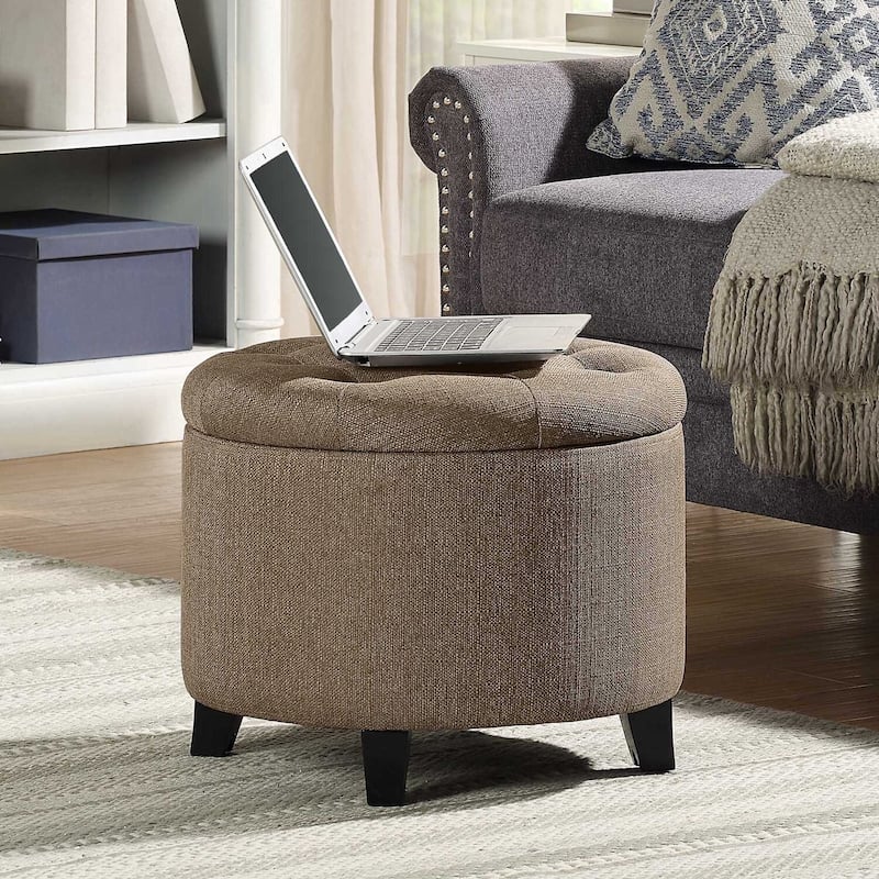 Round Storage Ottoman with Upholstered Seat, Hidden Storage Space and Compact Design for Small Living Rooms