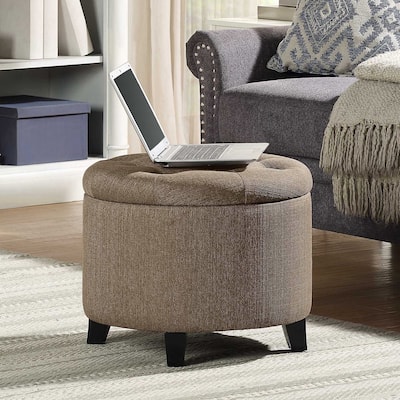 Round Storage Ottoman with Upholstered Seat, Hidden Storage Space and Compact Design for Small Living Rooms