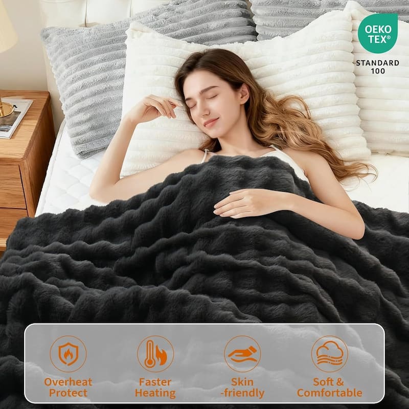 Fluffy Faux Fur Heated Comforter Blanket with Wireless Controller, Grey
