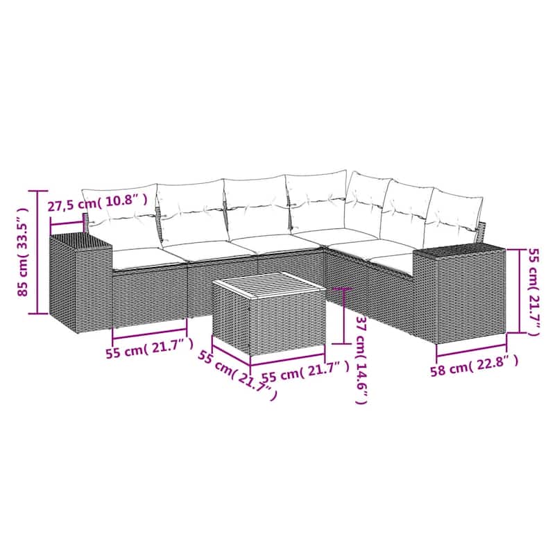 vidaXL Patio Sofa Set with Cushions Outdoor Furniture 7 Piece Poly Rattan - 21.7 x 21.7 x 14.6 in