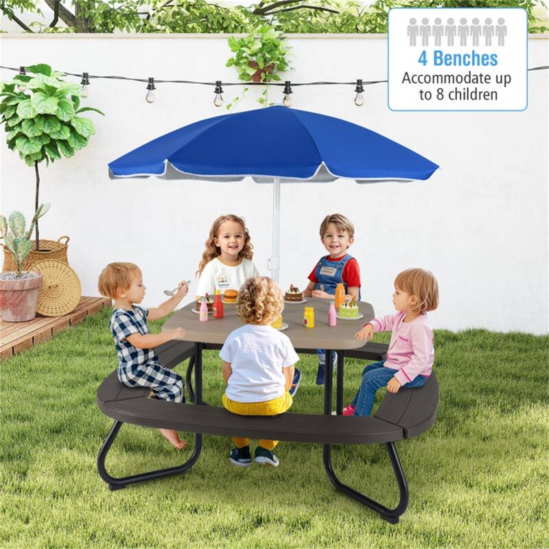 Kids Outdoor Picnic Table with Adjustable Umbrella and Benches Metal Frame and Weather-Resistant Surface - 49" × 49" × 39"-63"