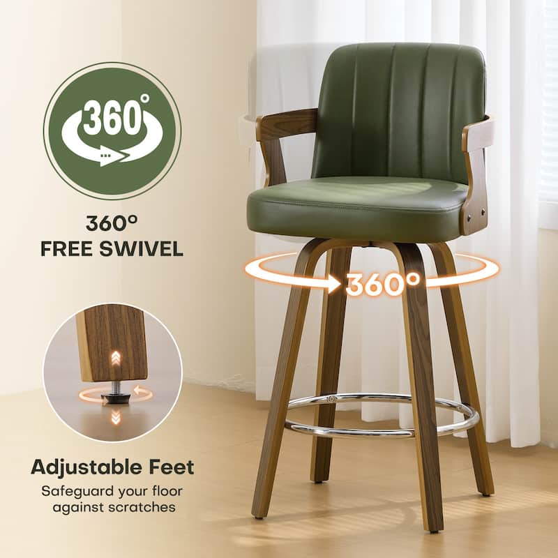 Upholstered Swivel Barstool with Arms and Bentwood Legs - 40.8"H x 18.9"W x 19.5"D/19.3"D