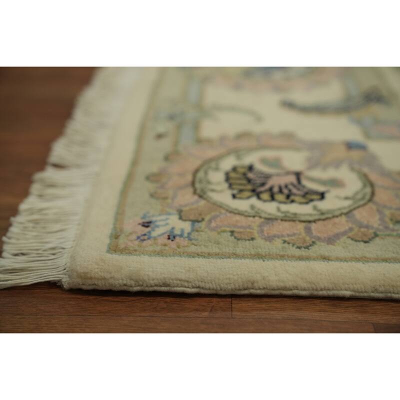 Hand Knotted Oriental Wool & Silk Carpet Traditional All-Over Beige & Ivories Tabriz Area Rug - 9' 11'' X 6' 6''
