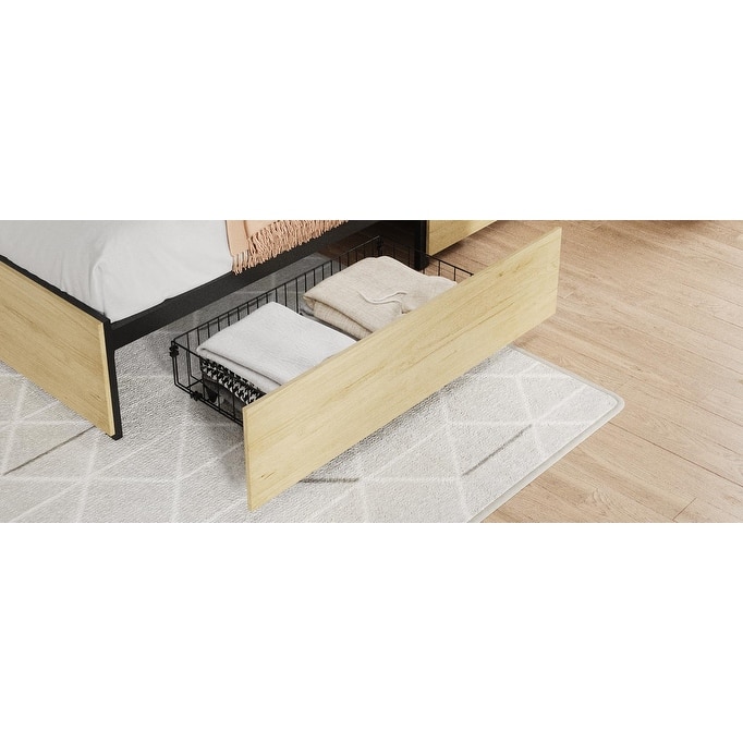 Full Bed Frame with Natural Rattan Headboard, 4 Storage Drawers, Slats, Bohemian-Style Cane Mattress Support