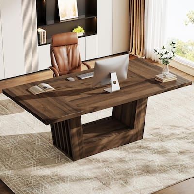 64-Inch Brown MDF Executive Desk, Large Computer Desk with Sturdy Base for Home Office