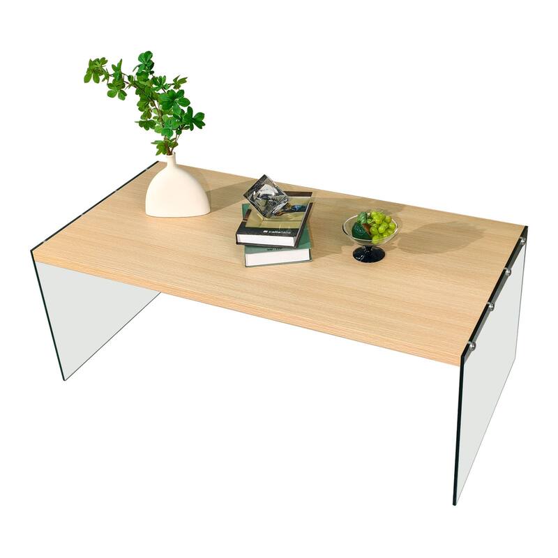 Modern Tempered Glass Coffee Table Floating Wood Tabletop - 48" L x 24" W x 18" H