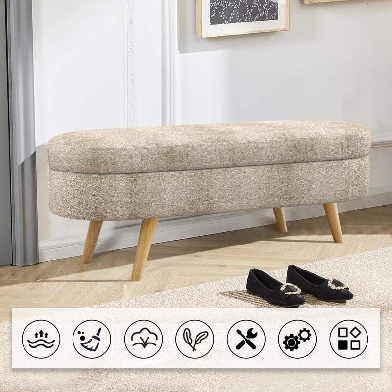 44" Beige Boucle Storage Ottoman Bench for Living Room Bedroom,Oval Storage Bench Ottoman Foot Rest Wood Legs