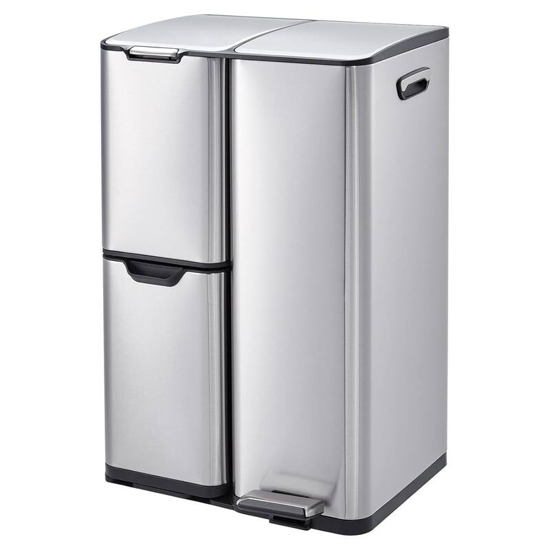 16-Gallon Stainless Steel Triple Recycling Bin 3 Removable Buckets Sliver - Silver