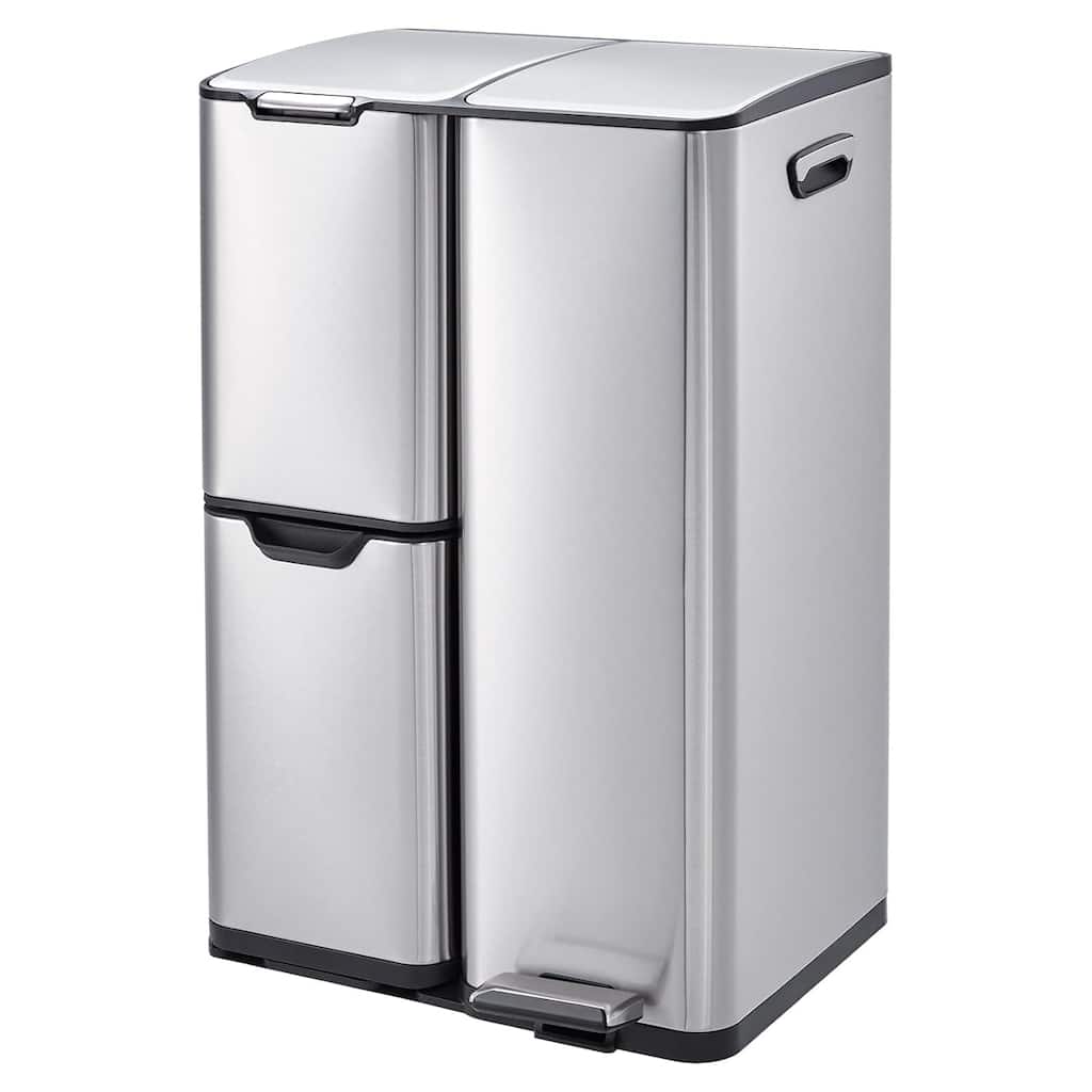 16-Gallon Stainless Steel Triple Recycling Bin 3 Removable Buckets Sliver