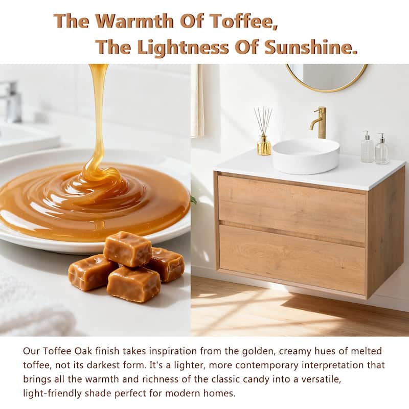 Sylphar 36 inch Toffee Oak Floating Bathroom Vanity with White Quartz Top