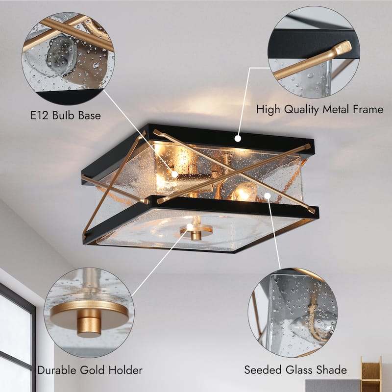Modern Black Gold 3-Light Seeded Glass Semi-Flush Mount Ceiling Light for Kitchen