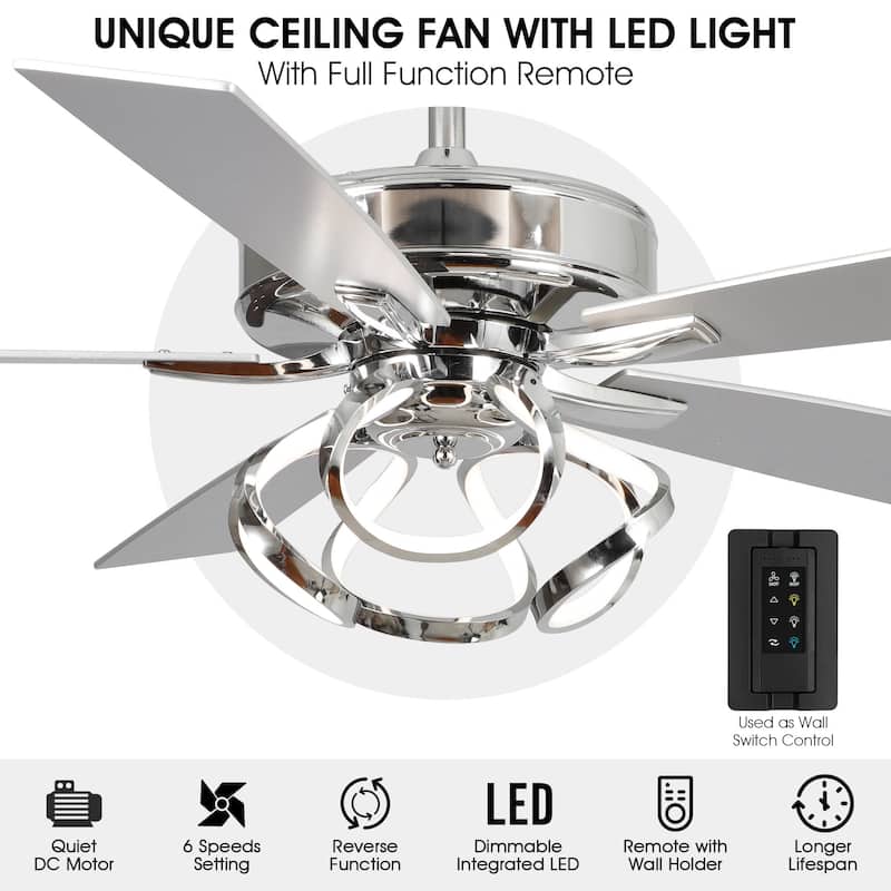 52" Modern Chrome/ Black Indoor Dimmable LED Ceiling Fan with Light and Remote