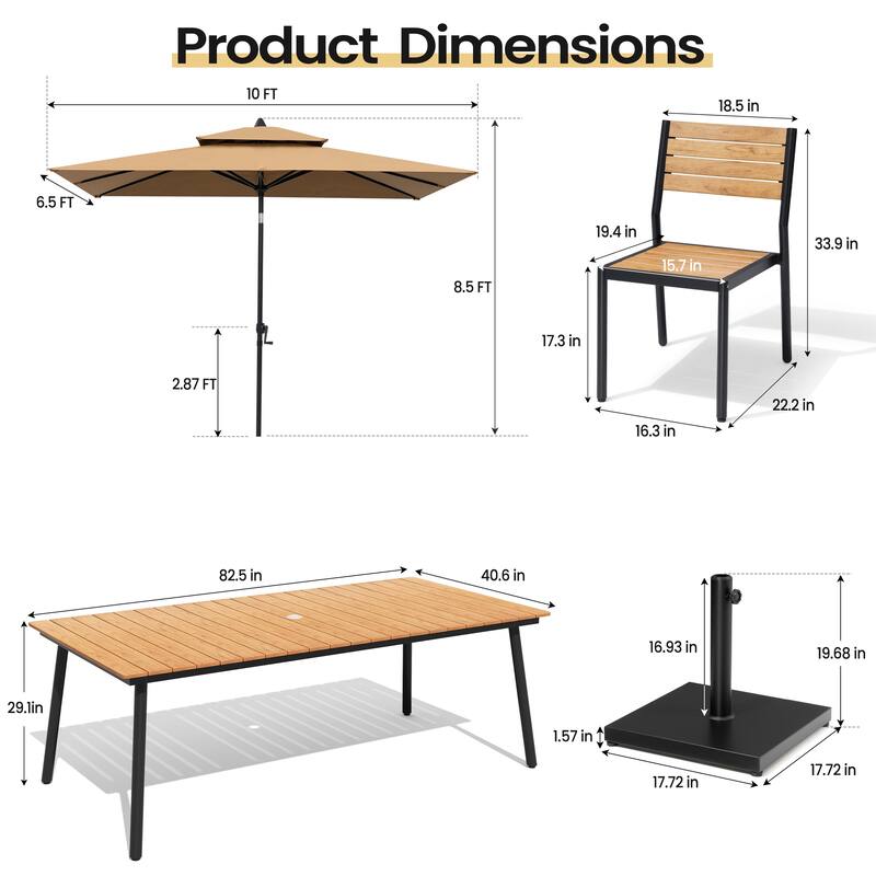 11 PC Outdoor Patio Dining Set Wood-Like Aluminum Umbrella Hole Table with Stackable Chairs,Double Top Market Umbrella and Base