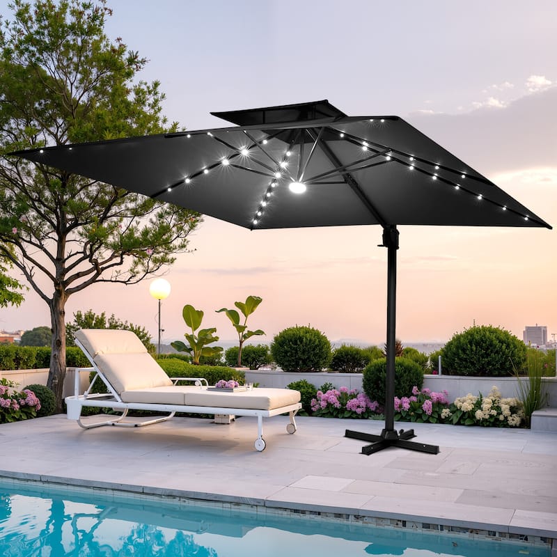 Pellebant 9x11FT Outdoor Dual Top Cantilever Patio Umbrella LED Light - Black