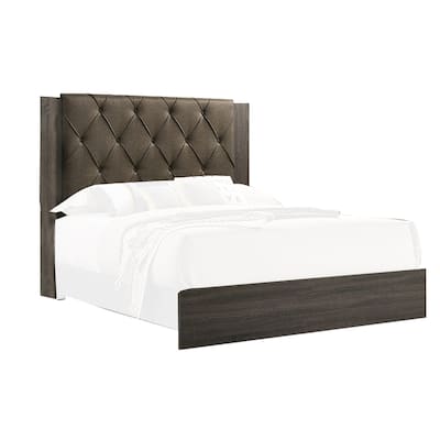 Wooden California king Bed with Button Tufted Headboard, Gray and Brown