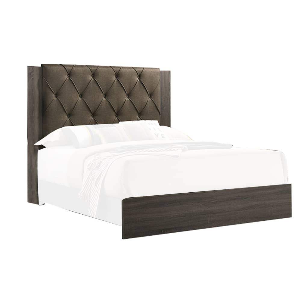 Wooden California king Bed with Button Tufted Headboard, Gray and Brown