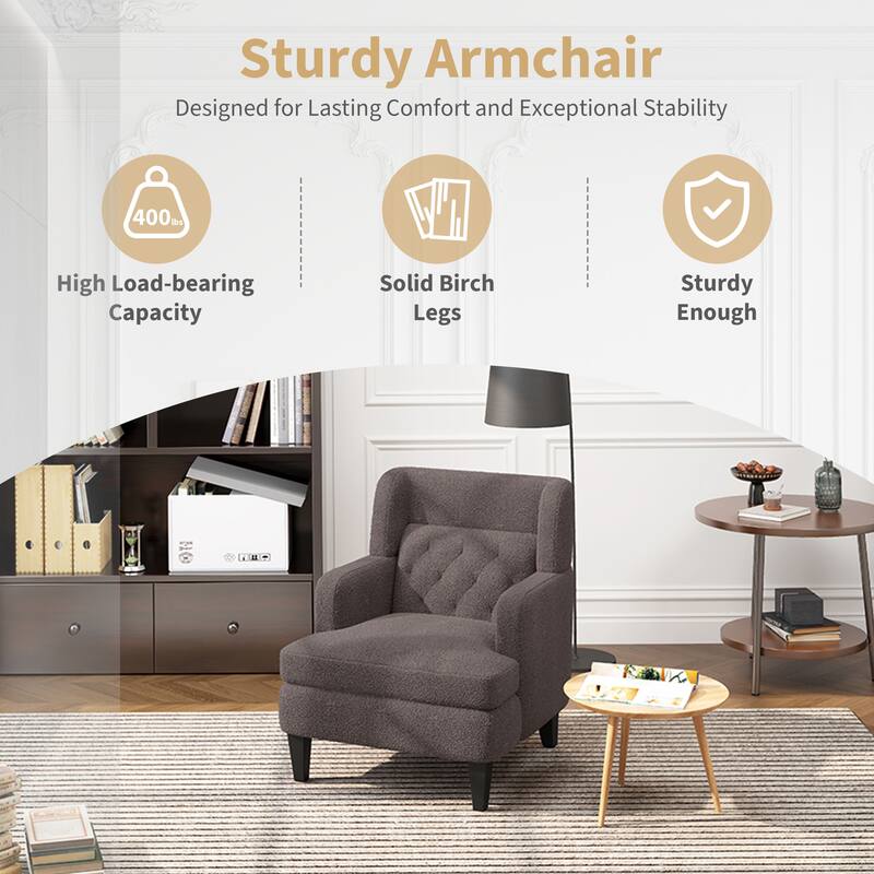 Modern 35.25" Upholstered Arm Chair with Birch Wood Legs amd Tufted Backrest for Living Room