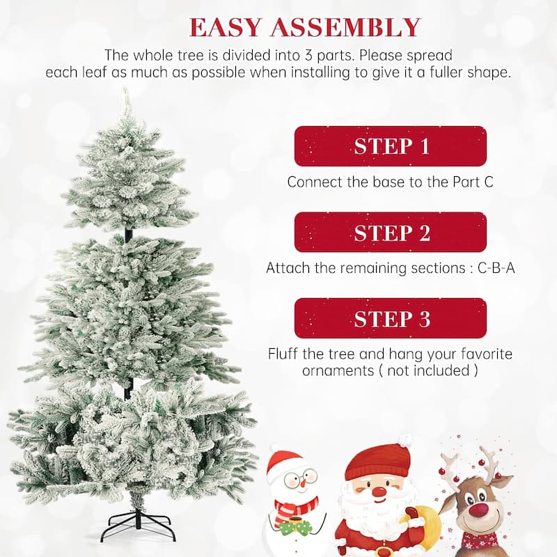 6ft-7ft Artificial Snow Flocked Christmas Tree with Metal Stable Stand Base for Indoor and Outdoor Holiday Decoration