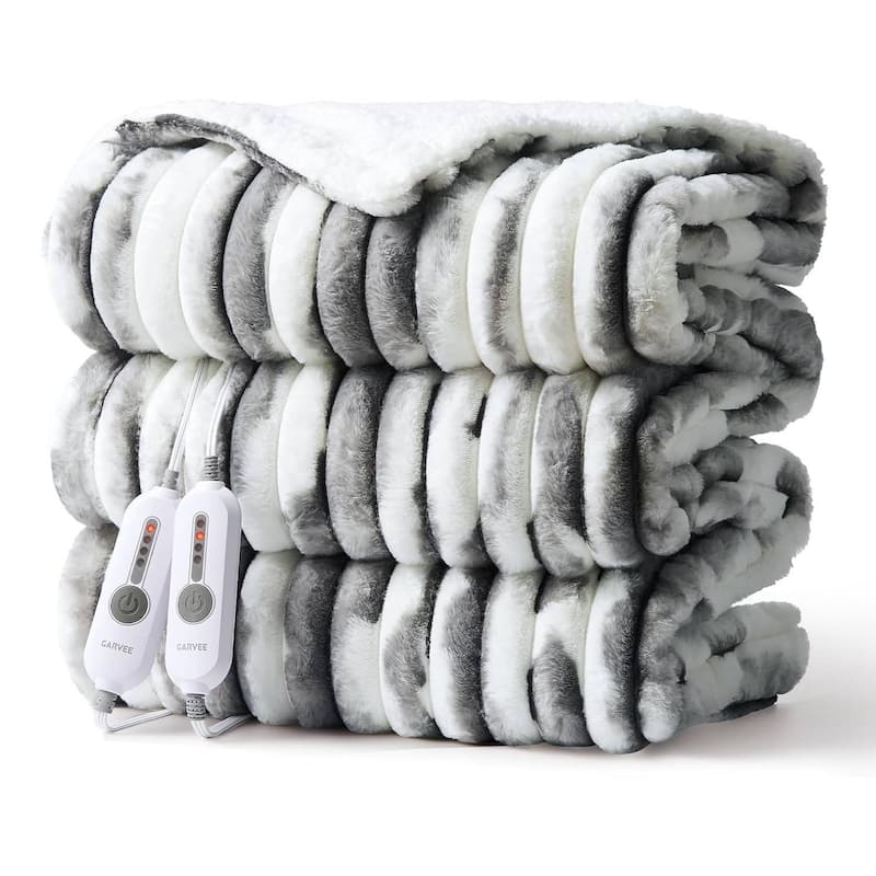 Cozy Faux Rabbit Fur Electric Blanket Heated Throw, Grey+White - 50"x60"