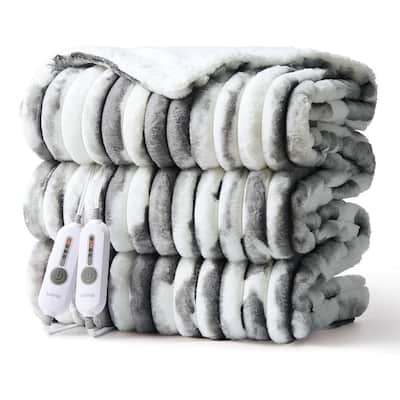 Cozy Faux Rabbit Fur Electric Blanket Heated Throw, Grey+White