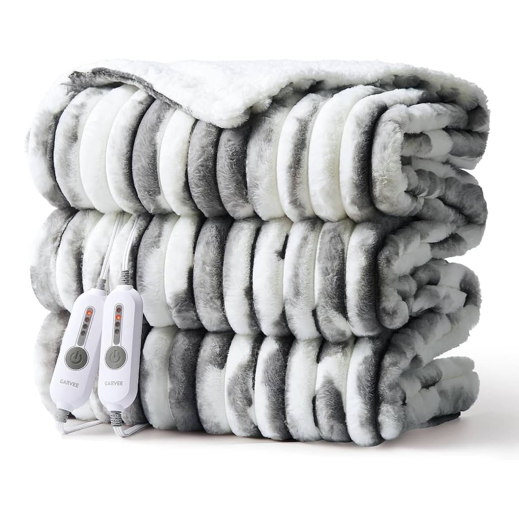 Cozy Faux Rabbit Fur Electric Blanket Heated Throw, Grey+White