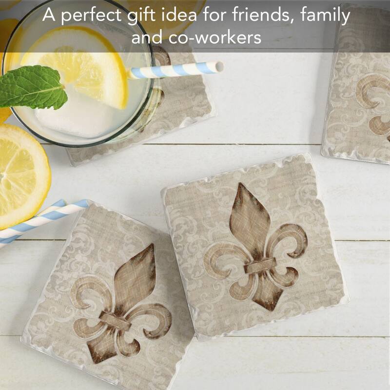 Deco Fleur 4-Pack Absorbent Stone Coasters with Protective Cork Backing 4" Square Made in The USA Easily Wipes Clean