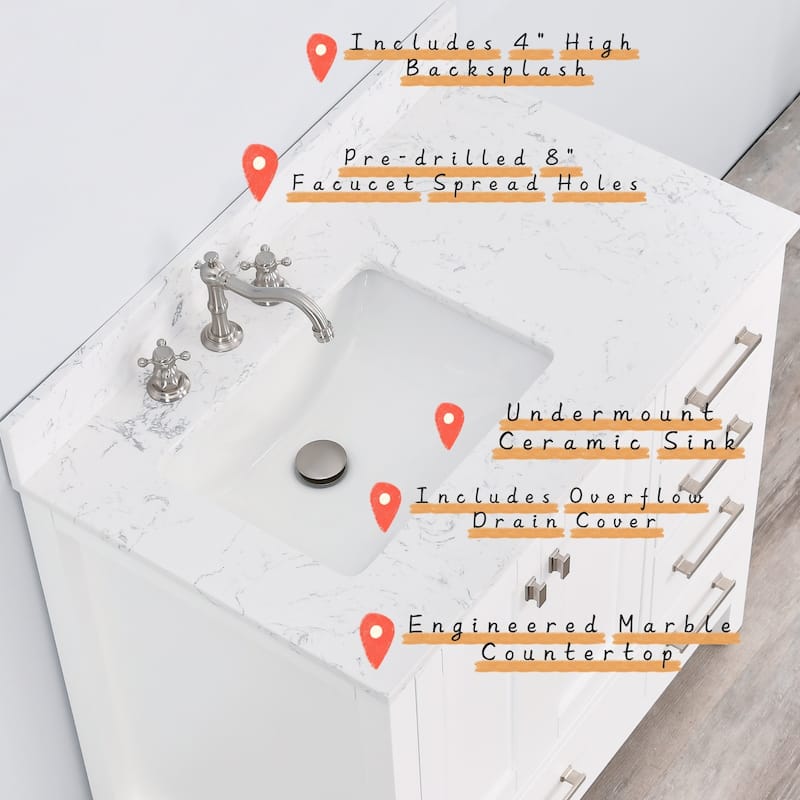 Prismatica 36 in. White Vanity with Countertop & Splash, Left Sink