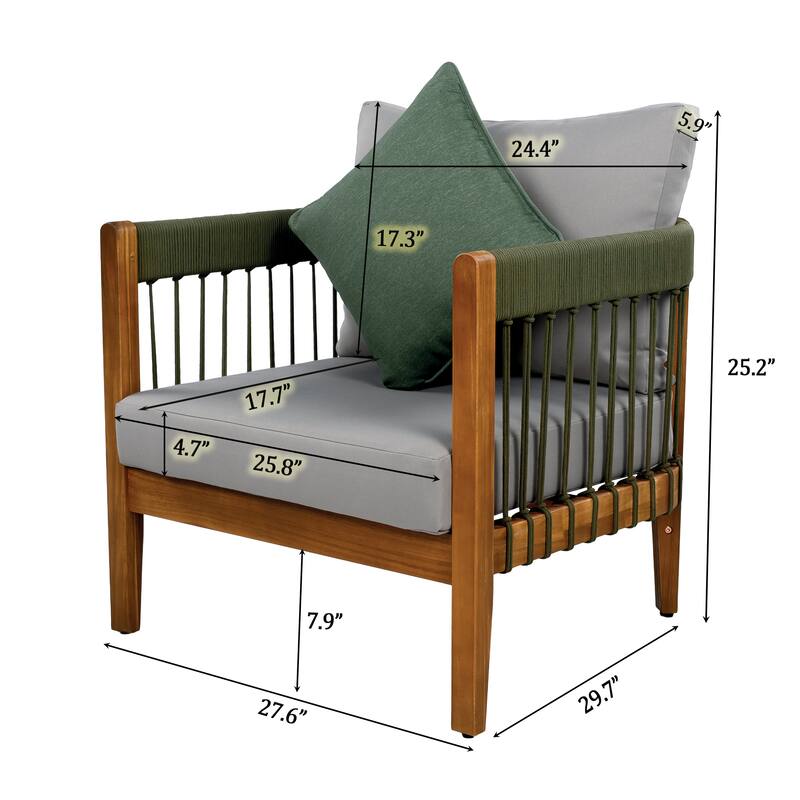 3 Pcs Set Acacia Wood Outdoor Club Chair with Handwoven Rope Accents & Curved Backres -Water-Resistant,Removable Cushions