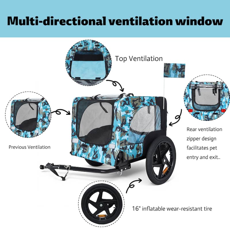 Heavy Duty Collapsible Pet Bike Trailer with 16" Wheels, Foldable Dog Bicycle Carrier Cart with Hitch & Reflectors