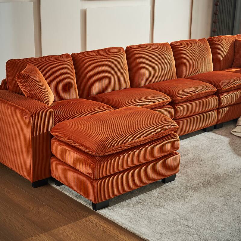 Corduroy Upholstered U-shaped Chaise Sectional Sofa Modular Sleeper Sofa Bed Deep Seat Couch with Ottoman and Pillows