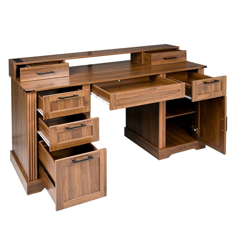 59" Farmhouse Office Desk with Charging Station, Barn Door, File Drawer & Monitor Stand