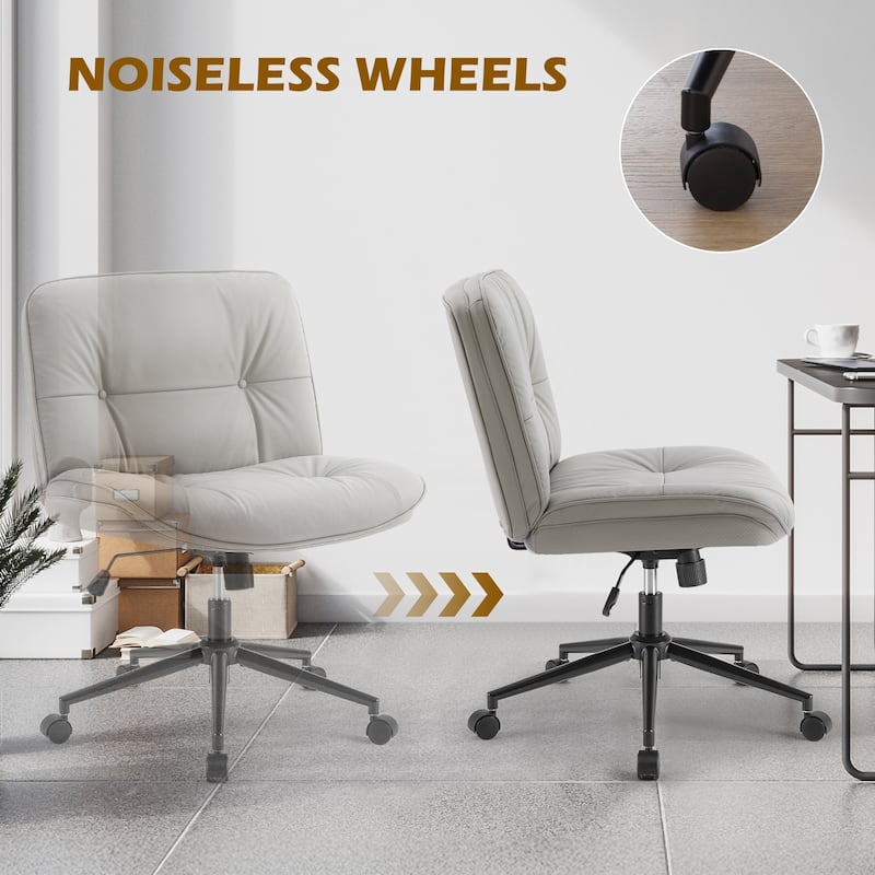 Armless Office Desk PU Leather Wide Seat with Wheels