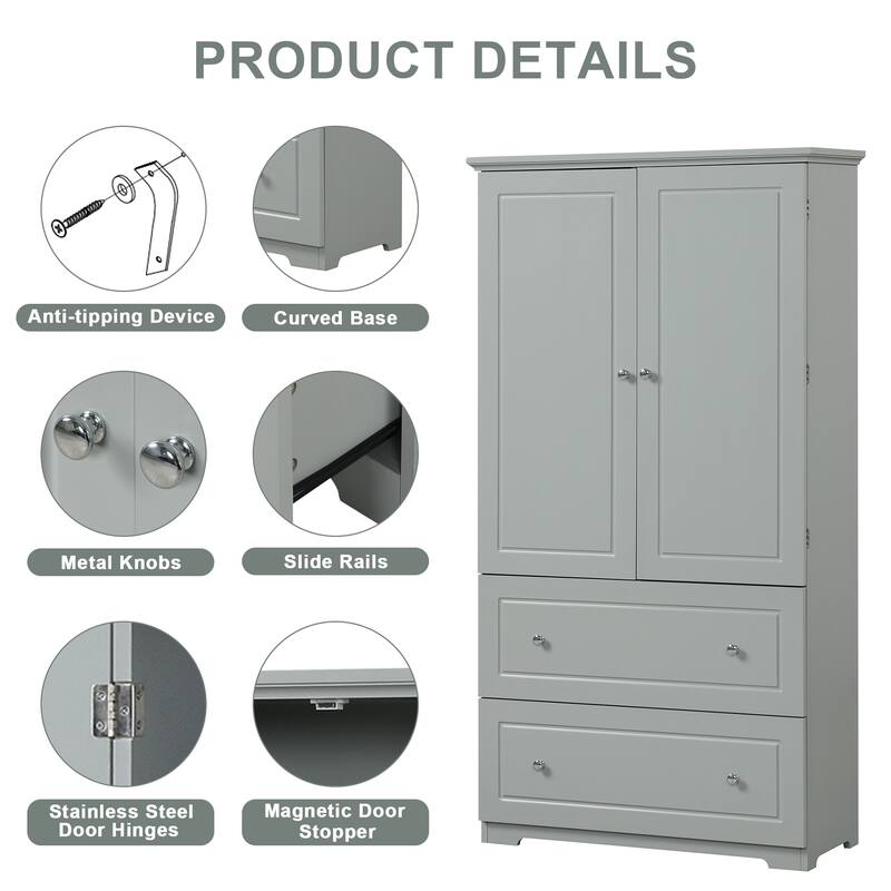 Wood Frame Freestanding Storage Cabinet with Adjustable Shelf and Drawers