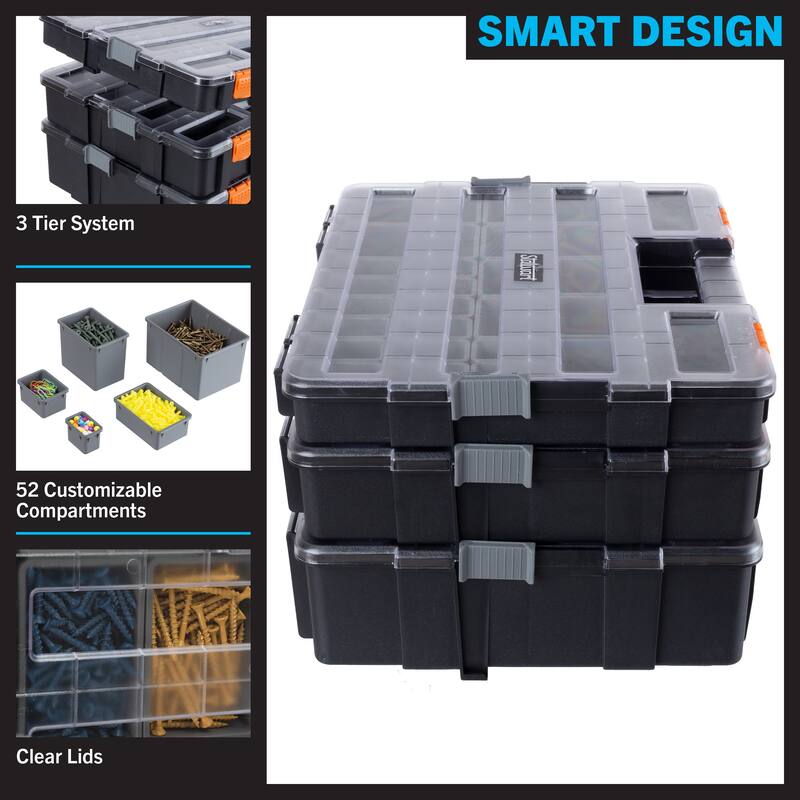 Tool Box Organizer - 3-in-1 Portable Parts Organizer with 52 Customizable Compartments by Stalwart (Gray)