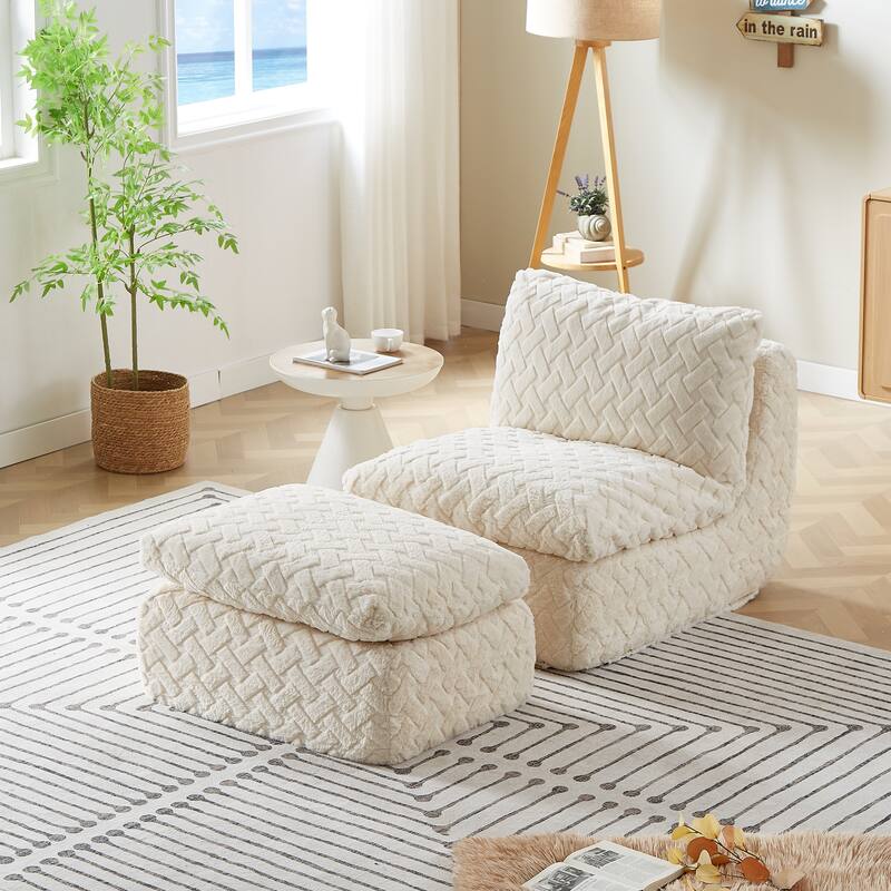 Ergonomic Swivel Floor Chair Full Compression Sofa Chair with Ottoman for Living Room Bedroom - White