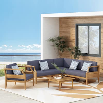 Aston Outdoor Mid-Century Modern Acacia Wood Sectional Chat Set by Christopher Knight Home