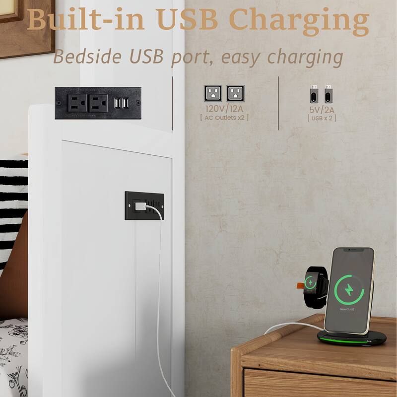 Queen Size Wood Murphy Bed with Wardrobe, Space-Saving White Wall Bed Frame with Hidden Desk and Charging Station, Gas Struts