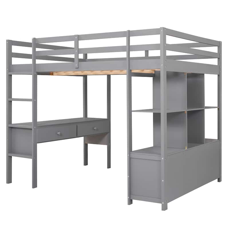 Full Size Pine Wood Loft Bed with Built-in Desk, Drawers, and Storage