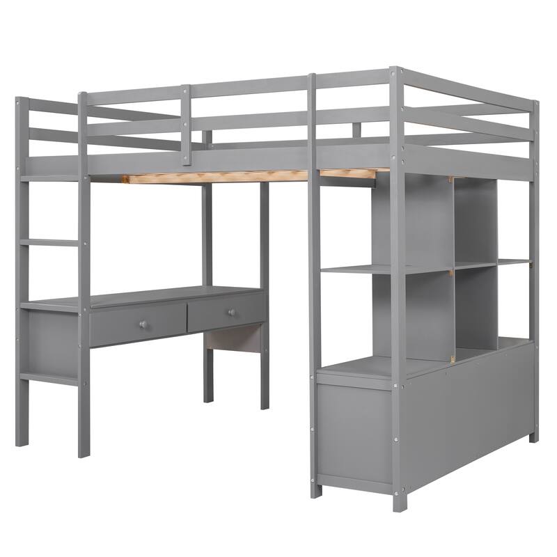 Pine Wood Loft Bed with Built-in Desk with Two Drawers, and Storage Shelves and Drawers