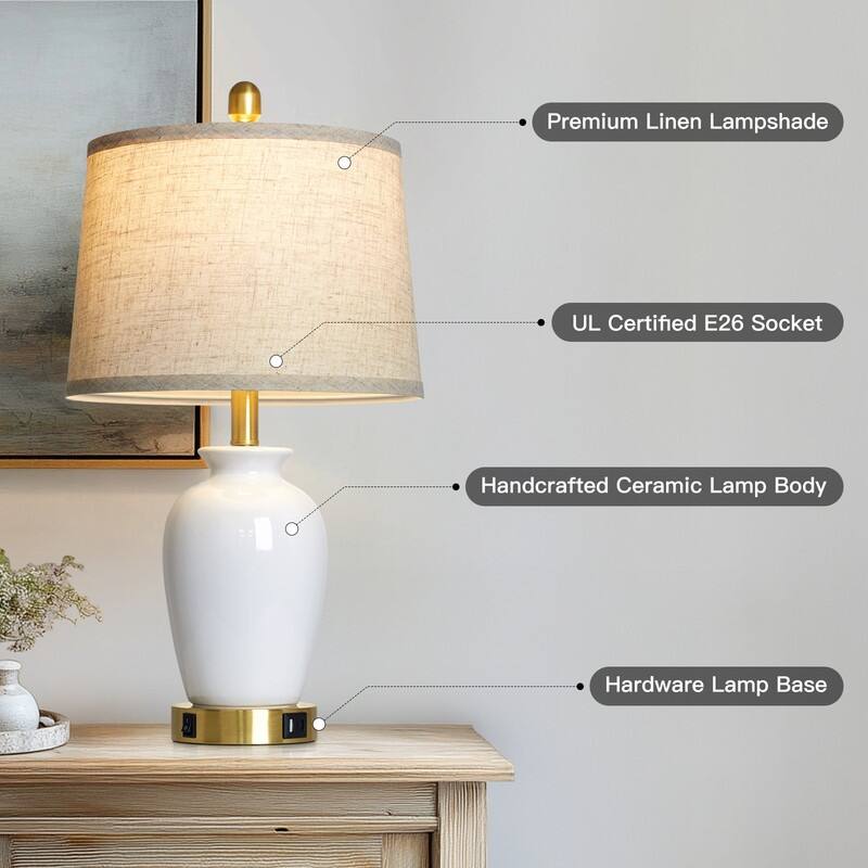 23.5" Elegant Ceramic Table Lamp with USB-C Charging, Gold Accents(Set of 2) - 12.5'' x 12.5'' x 23''