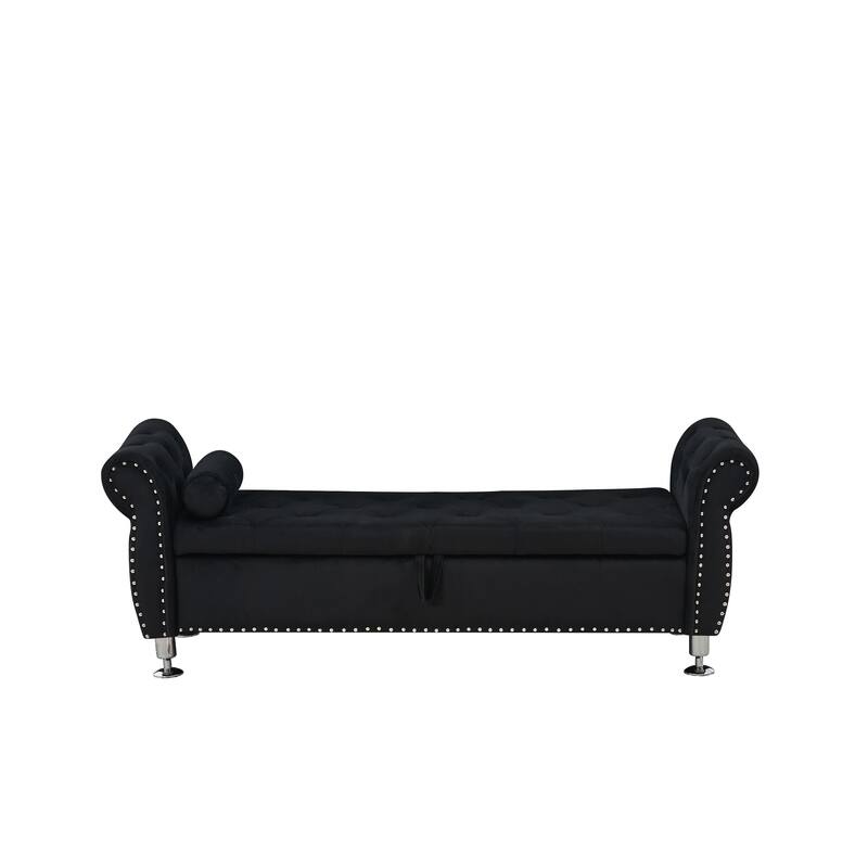 Velvet Storage Bench 62.2 Inch Upholstered Tufted Ottoman Bench with Rolled Arms, Large End of Bed Bench with Rivet Decoration