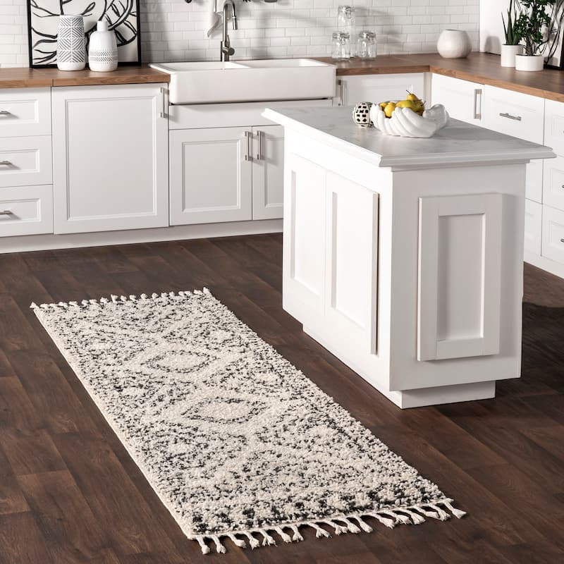 Nuloom Vasiliki Moroccan Shag Tasseled Area Rug - 2'8" x 8' Runner - Ivory - Runner