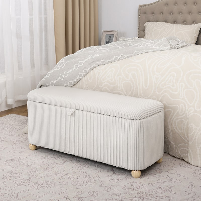 Adeco Storage Ottoman End of Bed Bedroom Entryway Bench - Cream-Vertical- Stripes