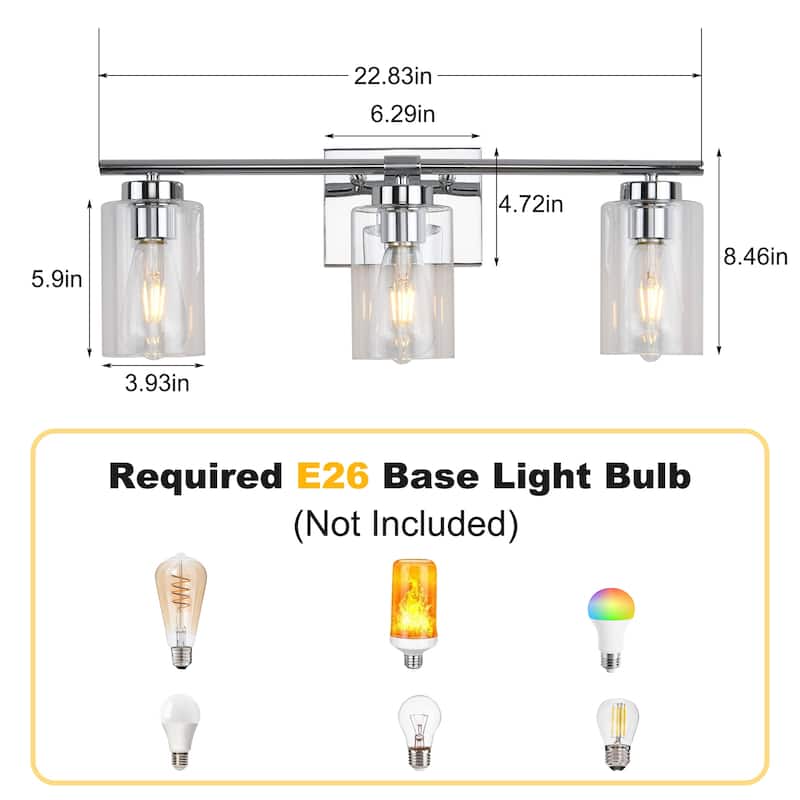 3-Light Wall Lights, Cylinder Bathroom Vanity Lights Glass Hallway Wall Sconces for Dining Room Living Room - W22.83"x H8.46"