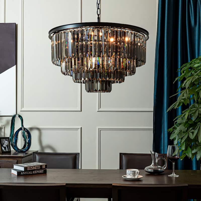 8-Lights Mid-Century Modern 4-Tier Round Fringe Crystal Chandelier - W31.5"